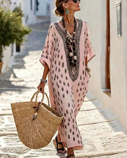 Robe Maxi Femme Fluide Pois Col V Broderie Ethnique