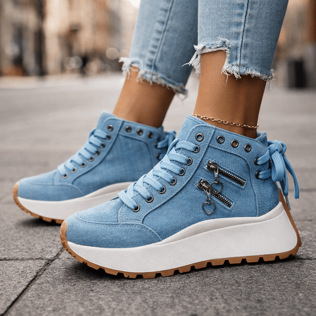 Baskets Femme Denim Plateforme Détails Zippés