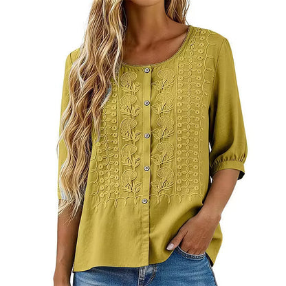 Blouse Femme Coton Lin Brodée Manches Longues