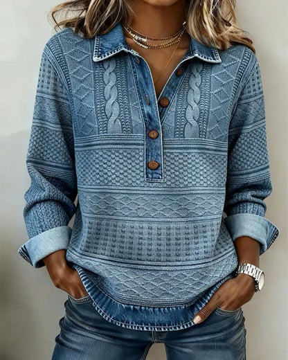 Haut Femme Maille Effet Denim Col Polo Coupe Décontractée - PanierRoyale
