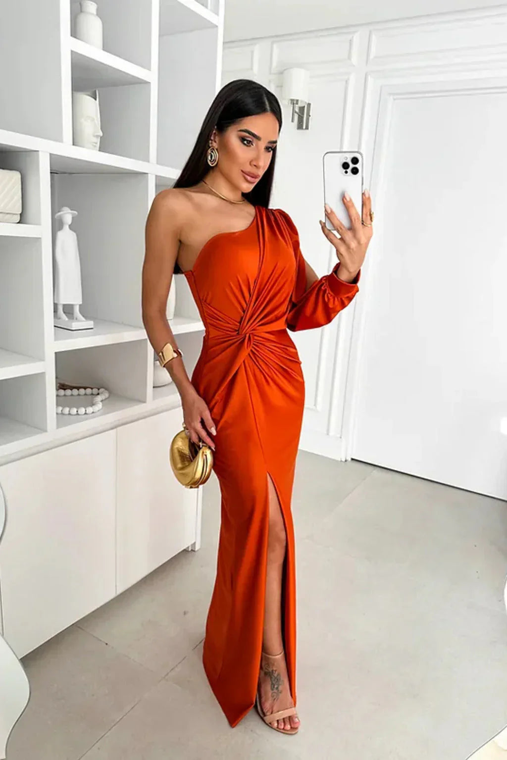 Robe Soirée Satin Asymétrique Épaule Découverte