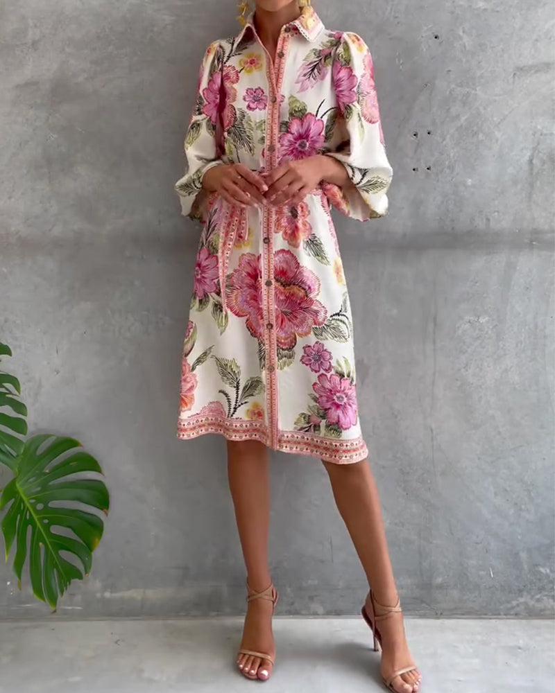 Robe Femme Imprimé Floral Manches Lanternes Boutons - PanierRoyale