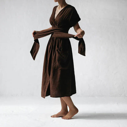 Robe Été en Lin pour Femme - Modèle Décontracté aux Manches Courtes