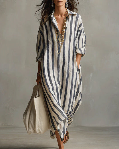 Robe maxi Femme Fluide Col Revers Manches Longues Style Décontracté - PanierRoyale