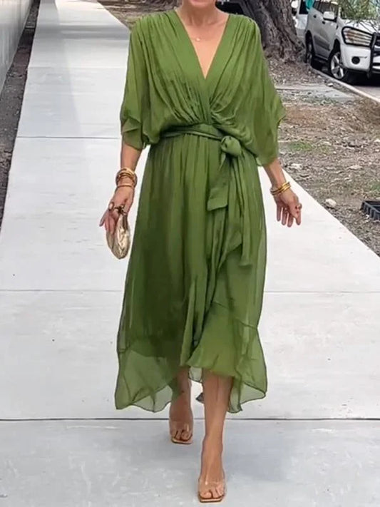 Robe Longue Femme Élégante en Soie Douce avec Encolure en V - PanierRoyale