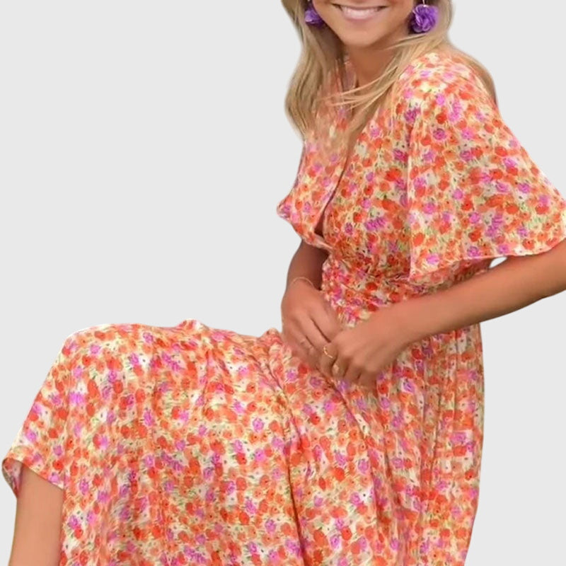 Robe Femme Longue Fleurs Manches Courtes