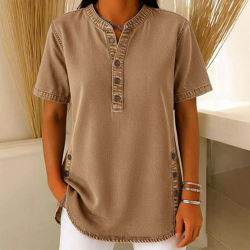 Tunique Femme Denim Léger Manches Courtes Boutons Décoratifs