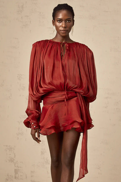 Robe Femme Plissée Manches Longues Col Boutonné