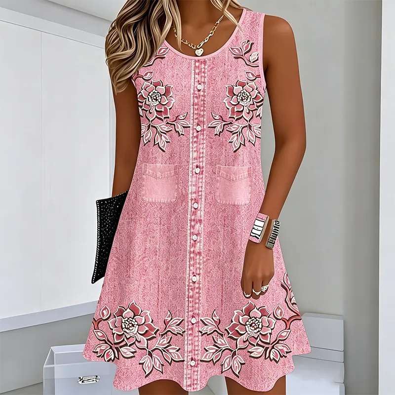Robe Femme Sans Manches Boutons Devant Coupe Droite