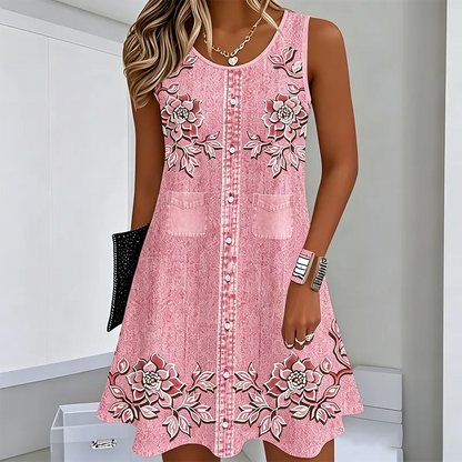 Robe Femme Sans Manches Boutons Devant Coupe Droite
