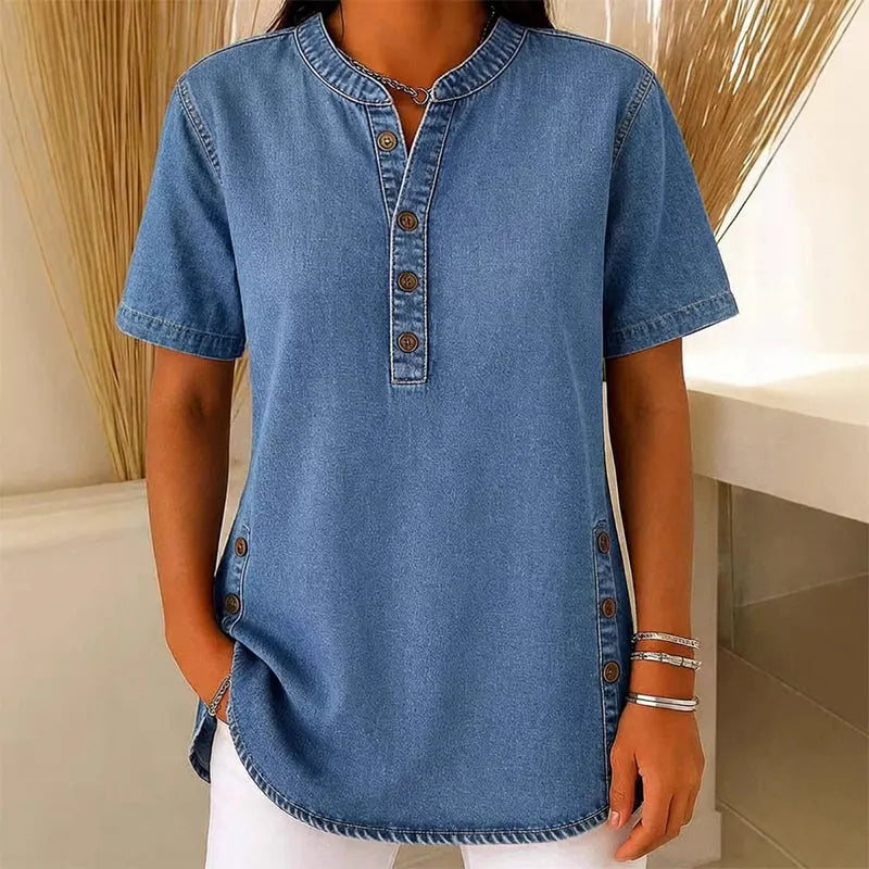 Tunique Femme Denim Léger Manches Courtes Boutons Décoratifs - PanierRoyale