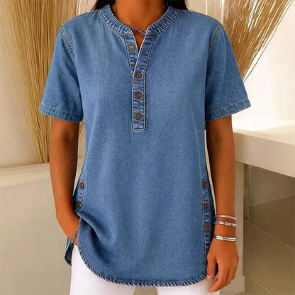 Tunique Femme Denim Léger Manches Courtes Boutons Décoratifs - PanierRoyale