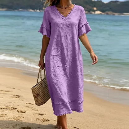 Robe Femme Fluidité Bohème Col en V avec Franges