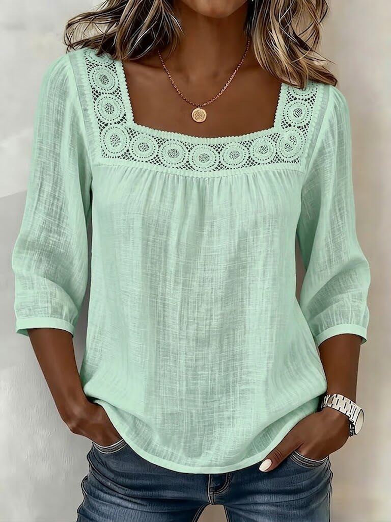 Blouse Femme Coton Lin Décolleté Carré Dentelle Raffinée