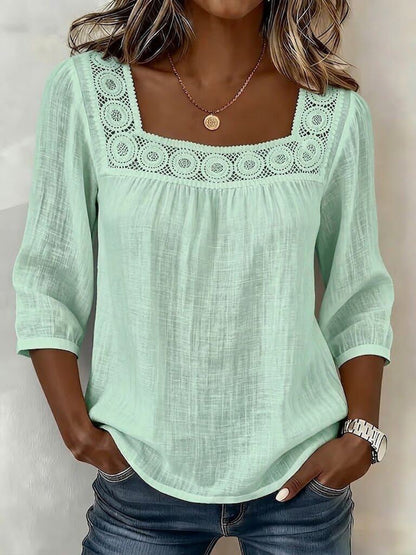 Blouse Femme Coton Lin Décolleté Carré Dentelle Raffinée
