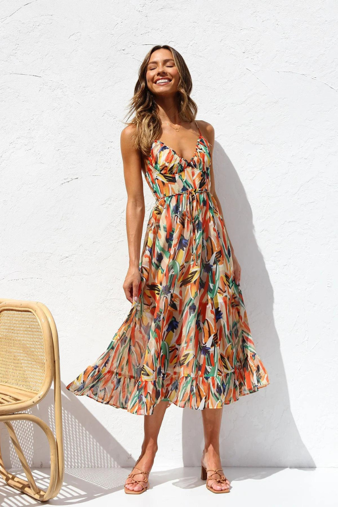 Robe Femme Été Mi-Longue Col V Décontractée - PanierRoyale