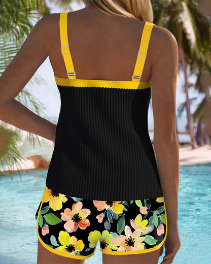 Tankini Deux Pièces Femme Côtelé Short Imprimé Coupe Ajustée