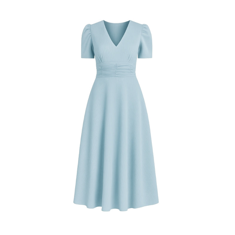 Robe Chic Mi-Longue Col V Manches Bouffantes Femmes