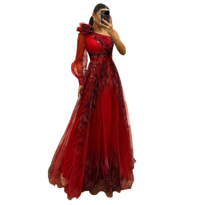Robe Soirée Une Épaule Manches Longues avec Fente