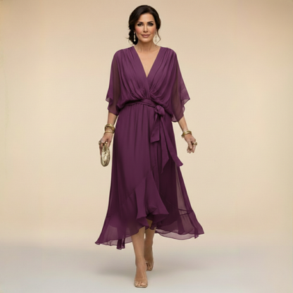 Robe Femme Chiffon Fluide Col en V Ceinturée