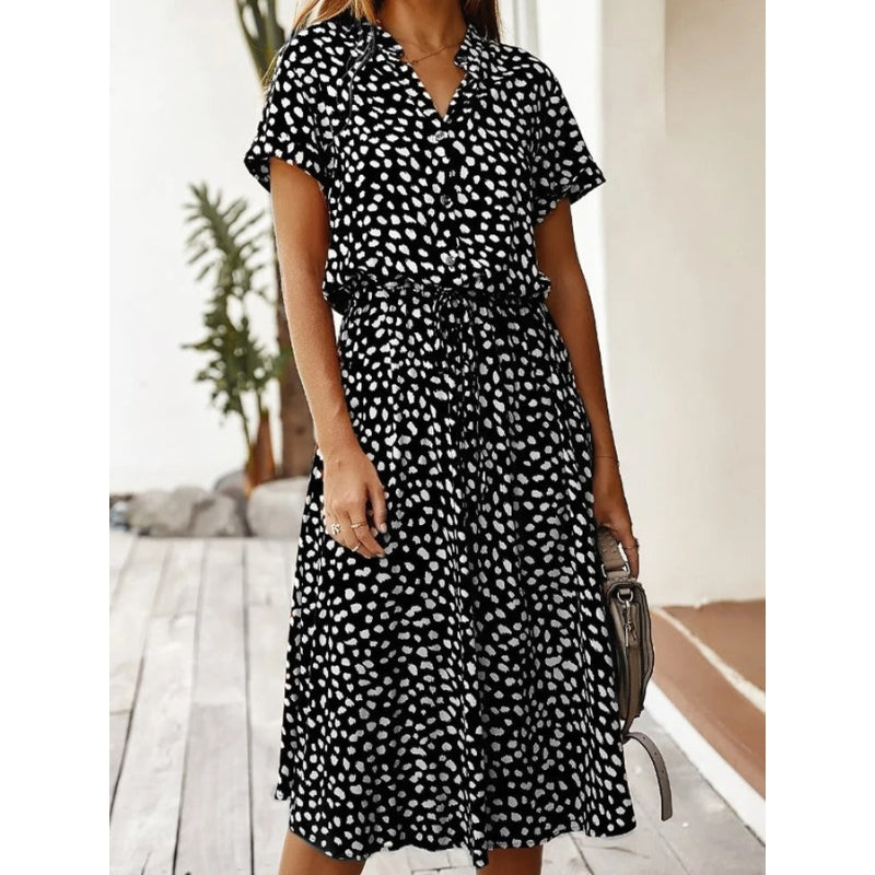 Robe Midi Fleuri Été avec Manches Courtes et Boutons
