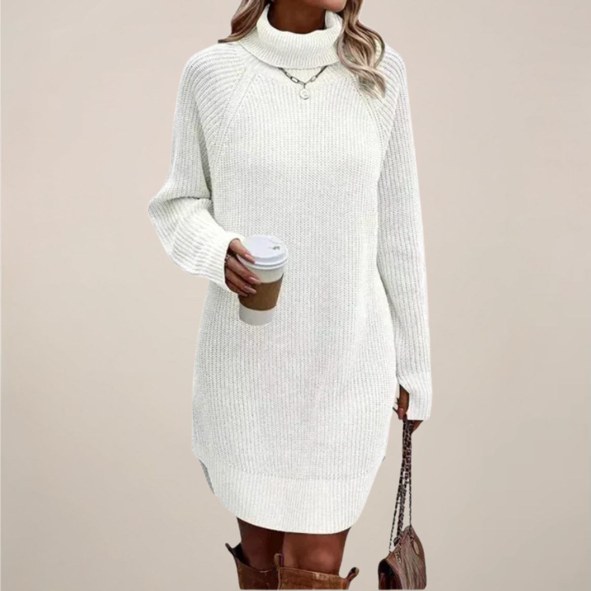 Robe Col Roulé Femme Manches Longues