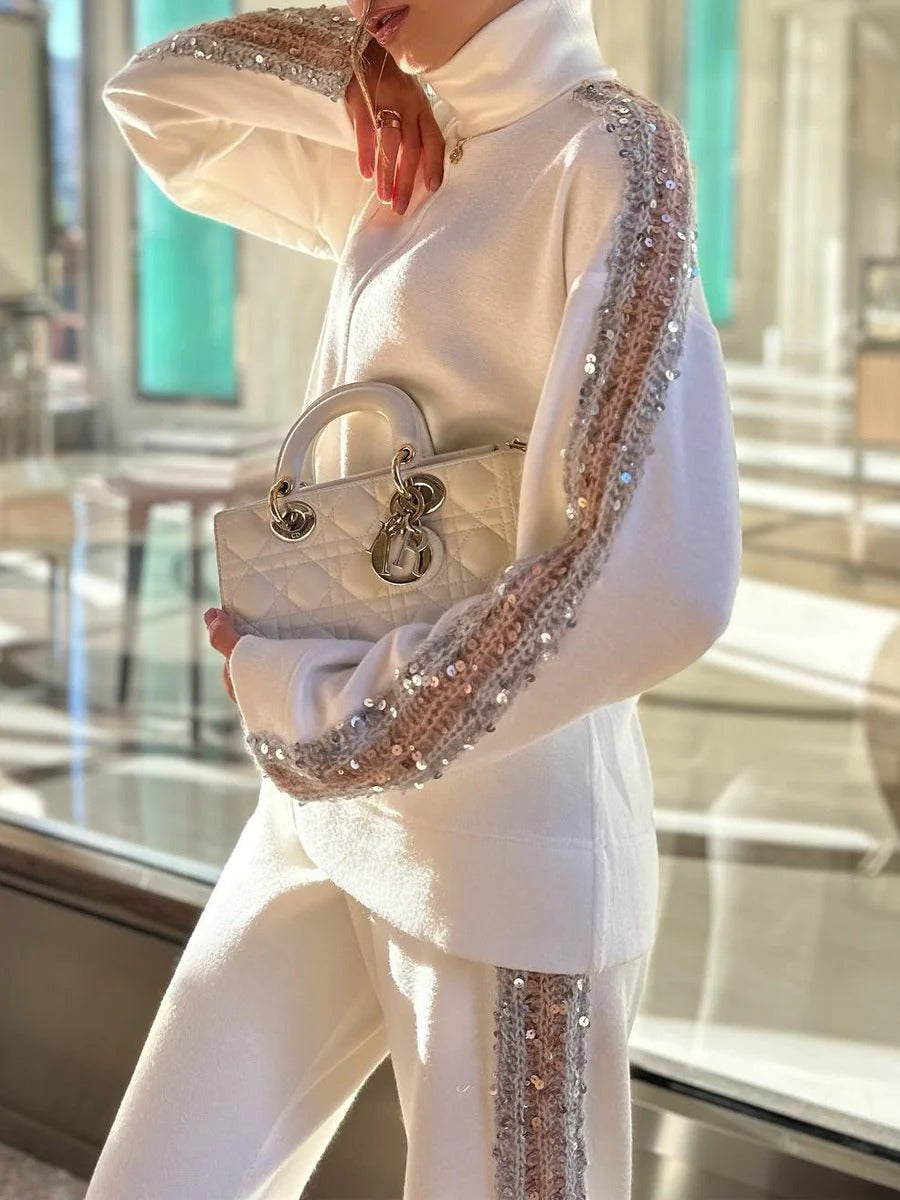 Robe Deux Pièces Blanc Paillettes Col Roulé