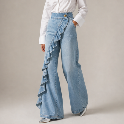 Pantalon Large Femme Denim Volants Asymétriques
