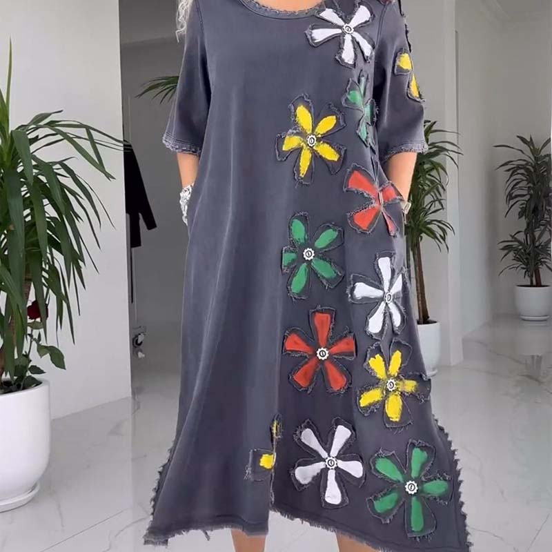 Robe Femme Coupe Ample Col Rond Décontractée Imprimé Floral