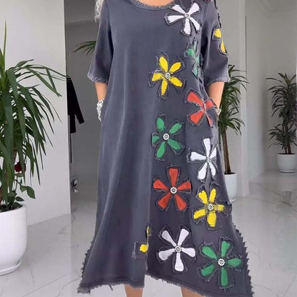 Robe Femme Coupe Ample Col Rond Décontractée Imprimé Floral