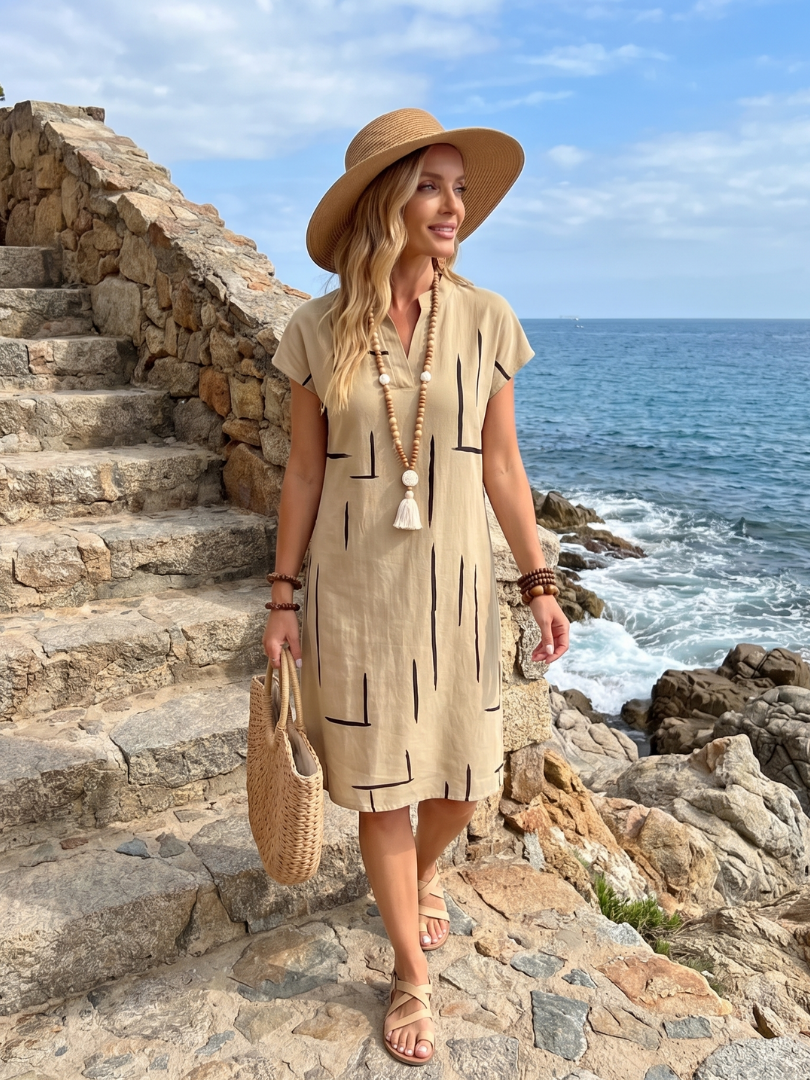 Robe Midi Femme Coton Lin Manches Courtes Coupe Décontractée