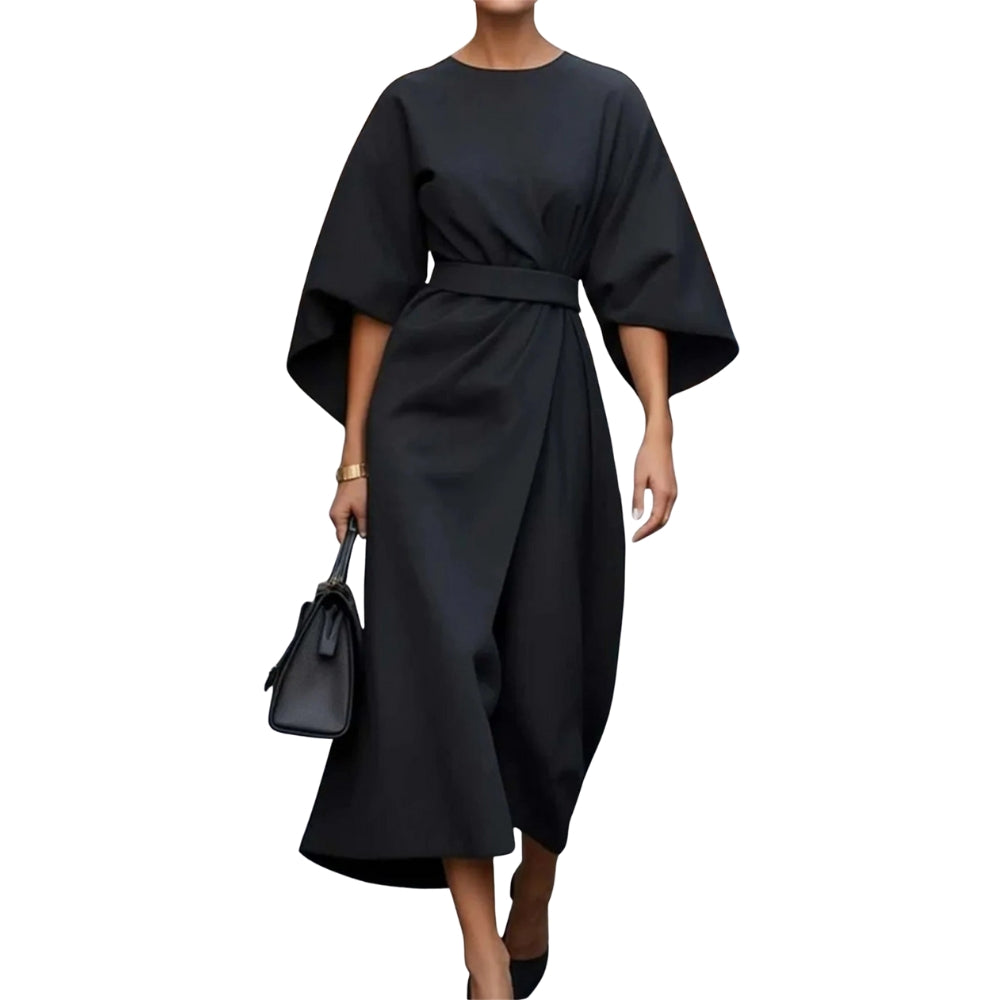 Robe Femme Élégante Mi-Longue Col Rond Manches Bouffantes