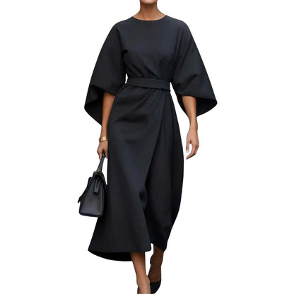 Robe Femme Élégante Mi-Longue Col Rond Manches Bouffantes