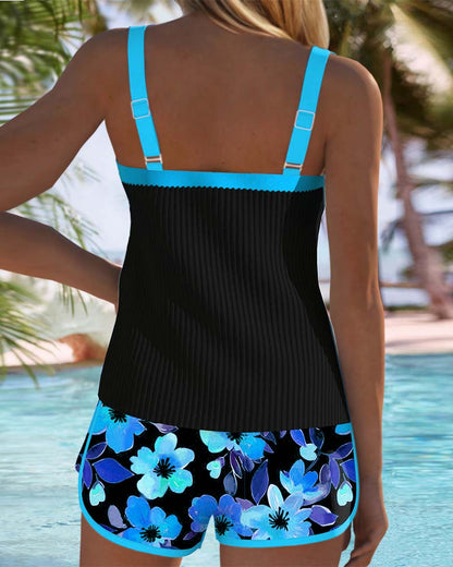 Tankini Deux Pièces Femme Côtelé Short Imprimé Coupe Ajustée