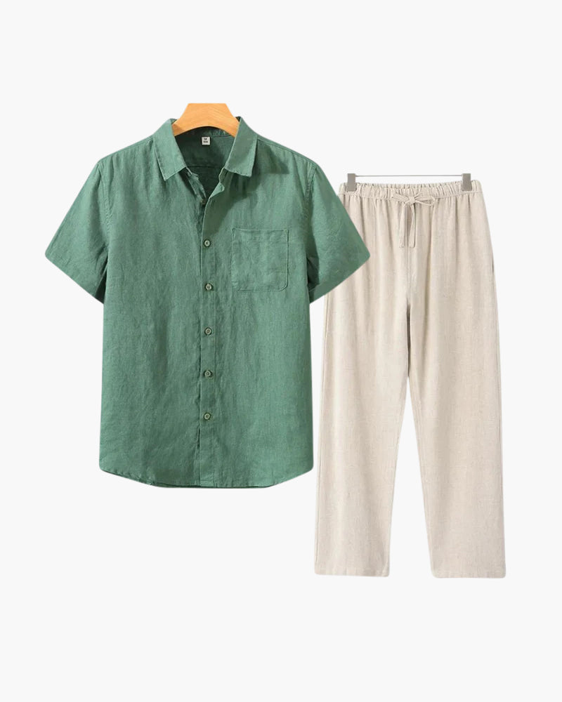 Costume Lin homme Lin léger avec chemise courte et pantalon été