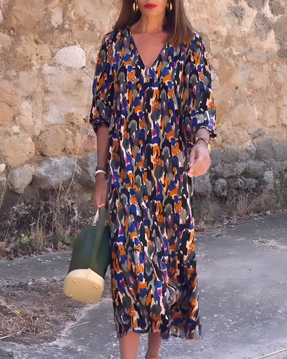 Robe Femme Tissu Léger Col en V Coupe Fluide Style Rétro