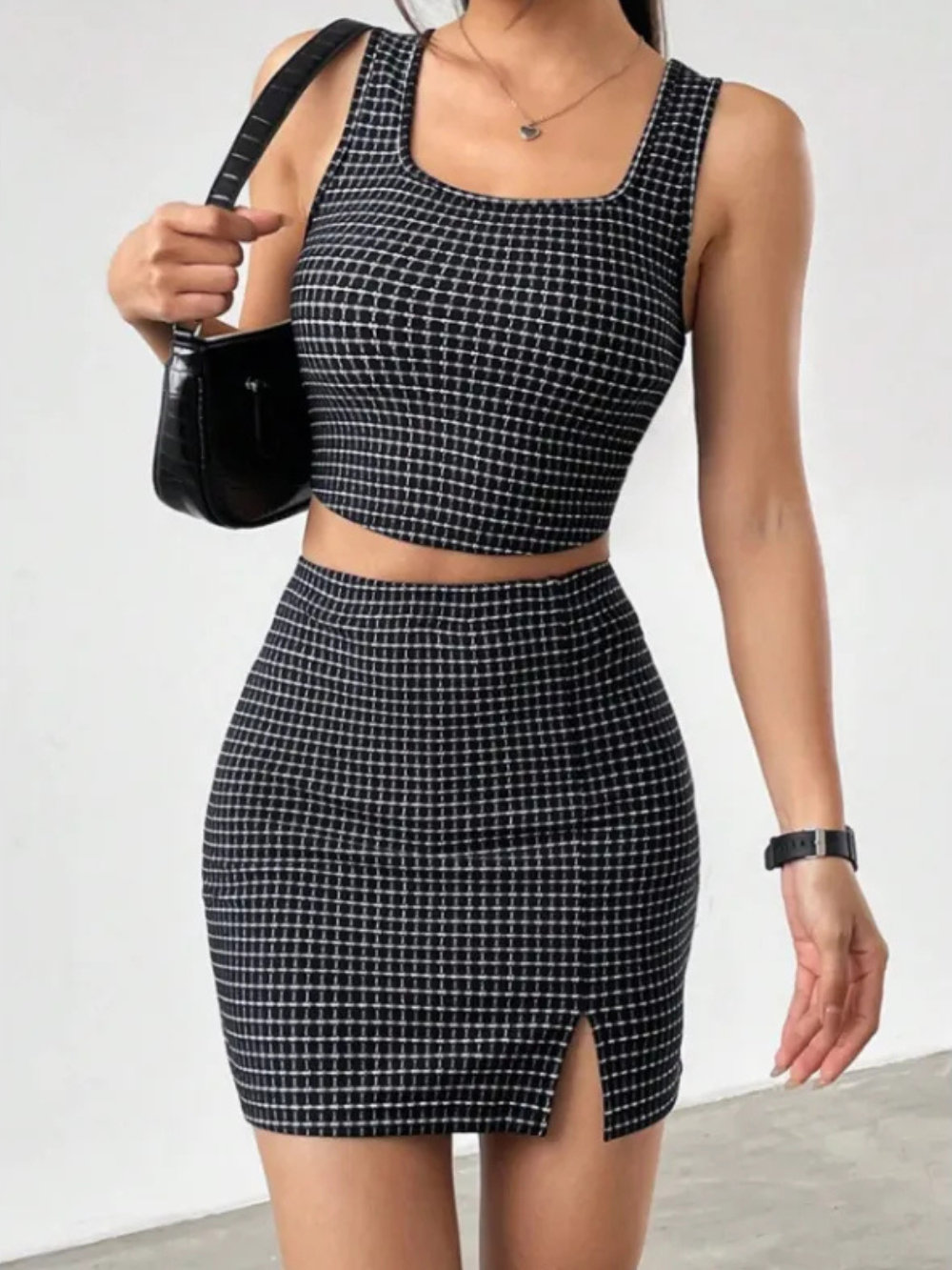 Costume Femme Chic - Tailleur Carreaux avec Jupe Élégante