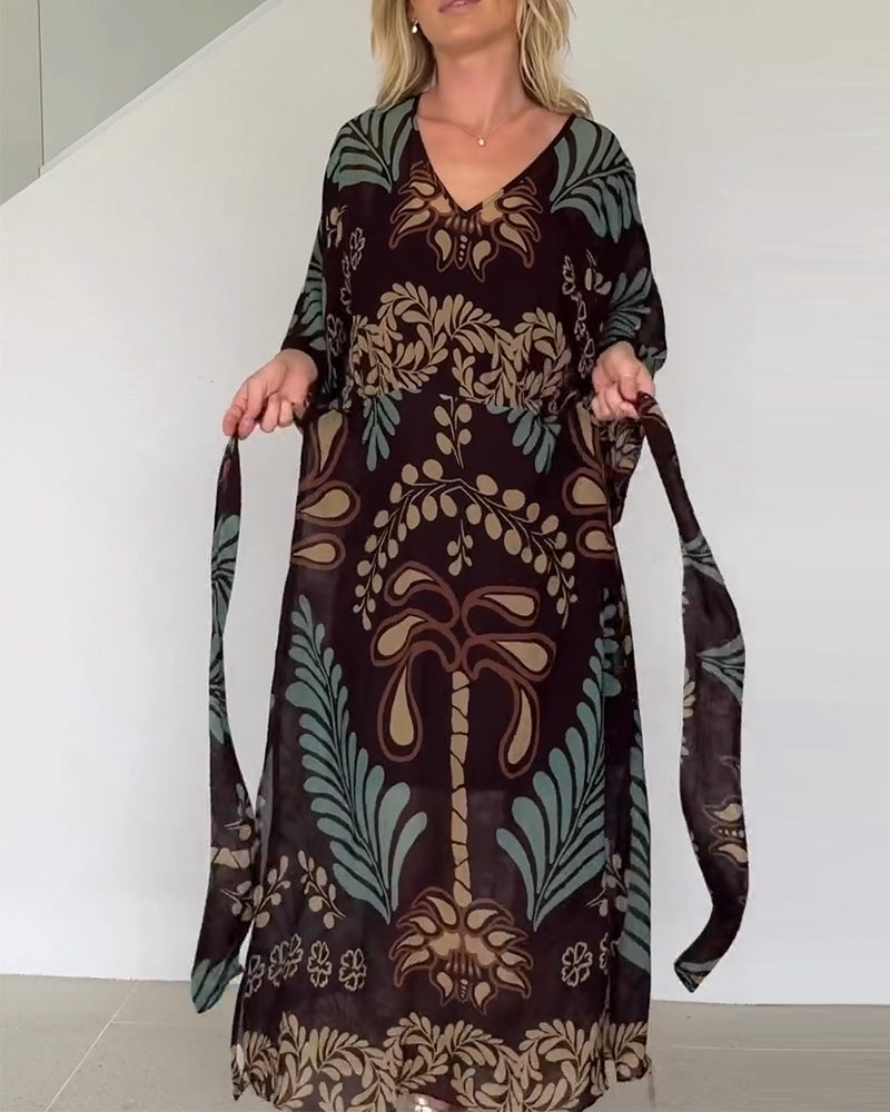 Robe Maxi Femme Imprimé Feuilles Col V Style Bohème