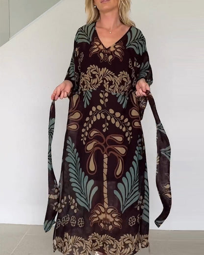 Robe Maxi Femme Imprimé Feuilles Col V Style Bohème