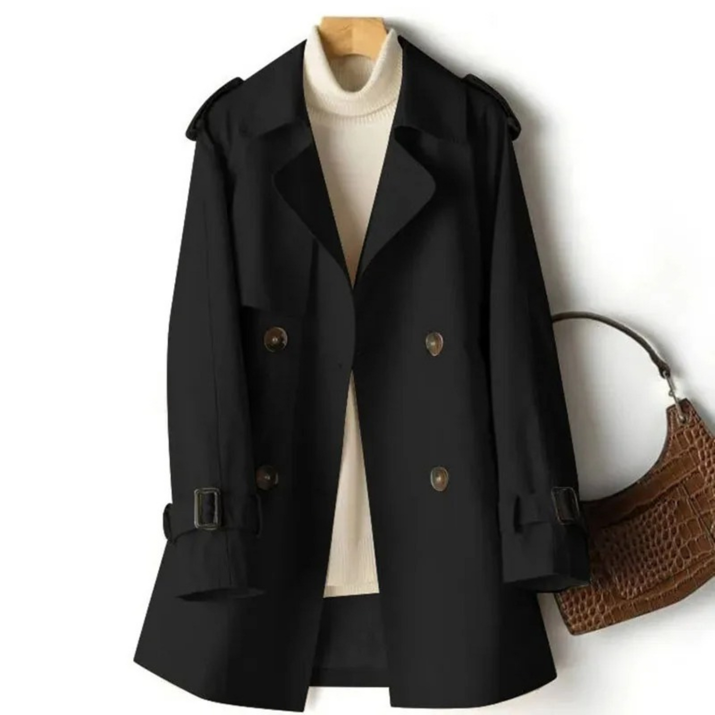 Manteau Trench Femme Noir Classique avec Ceinture Élastique - PanierRoyale