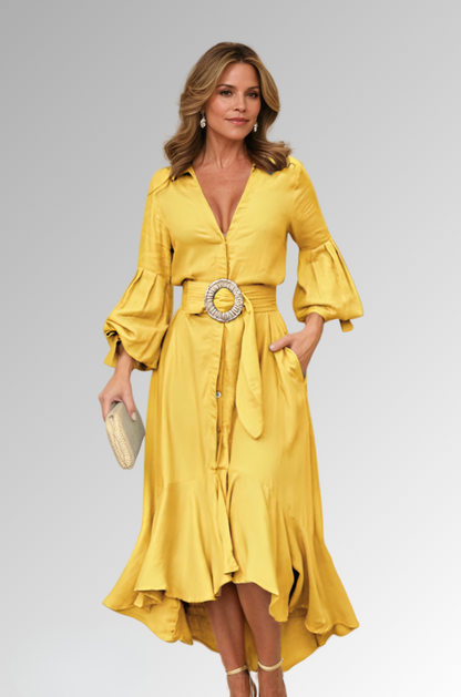 Robe Midi Femme Ceinturée Col V Coupe Évasée
