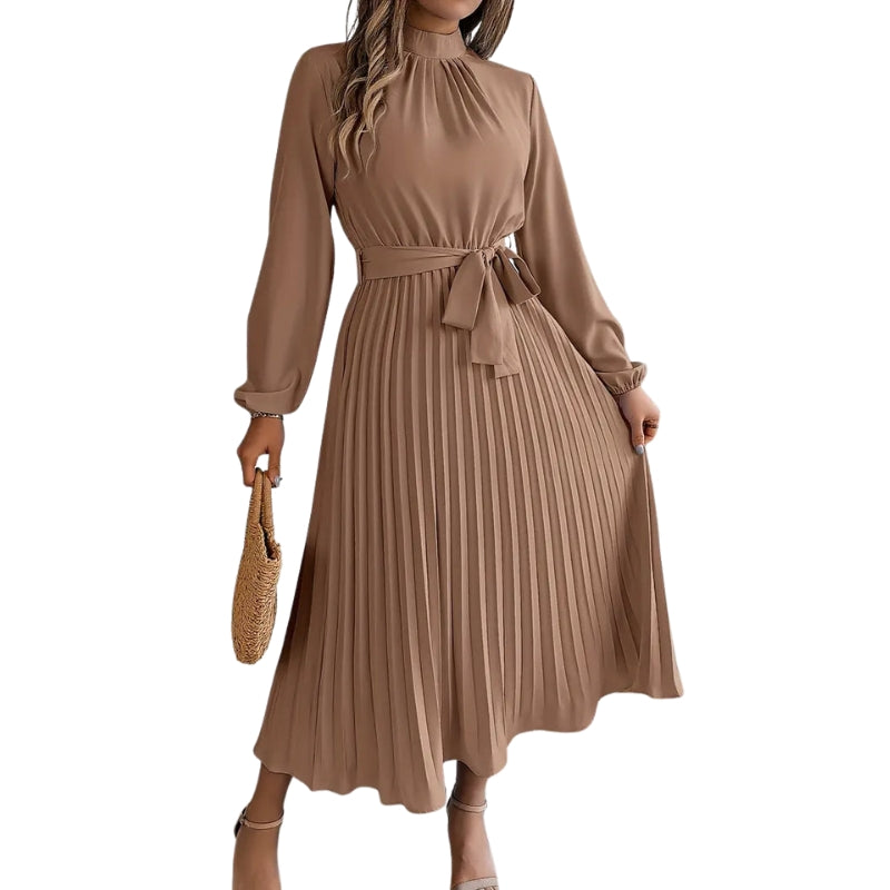 Robe Féminine Plissée à Manches Longues Taille Cintrée Élégante
