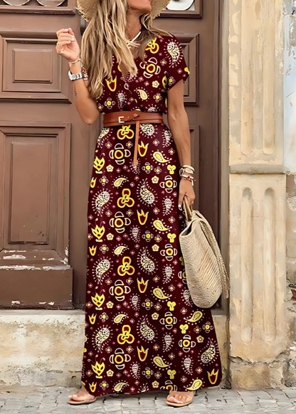 Robe maxi Femme Fluide Col en V Manches Courtes Style Bohème