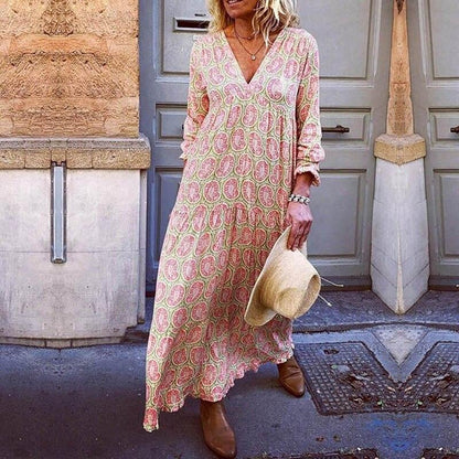Robe Longue Imprimée Chic avec Décolleté en V et Coupe Détendue