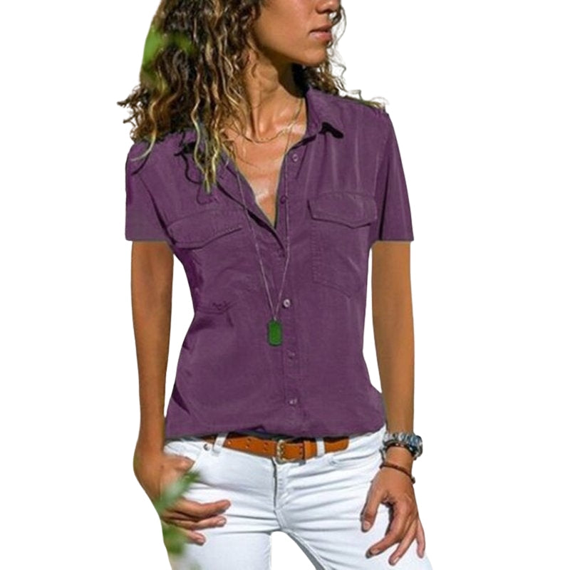Chemise Femme Été en Lin avec Poches et Col V
