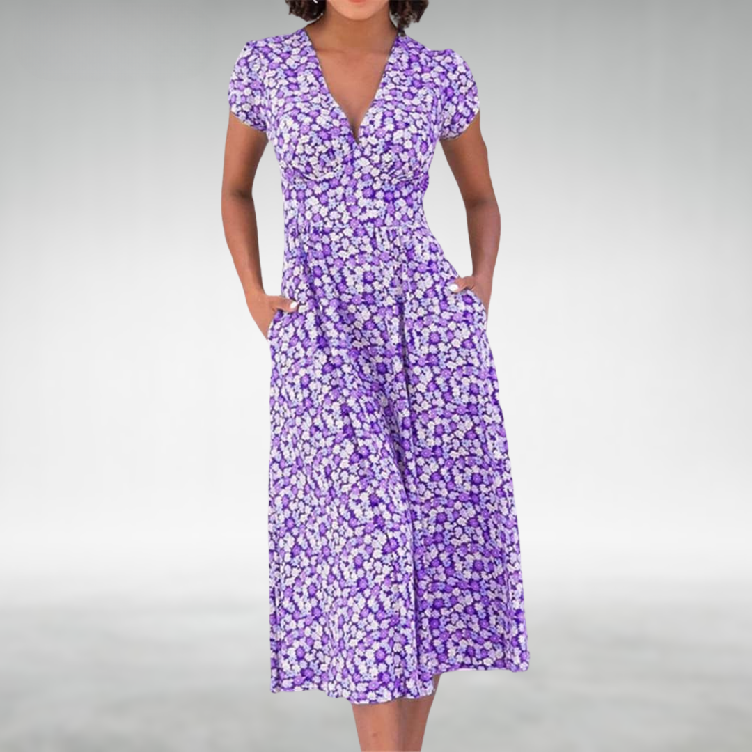 Robe Fleurs Col V Mi-Longue avec Poches