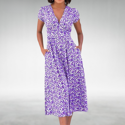 Robe Fleurs Col V Mi-Longue avec Poches