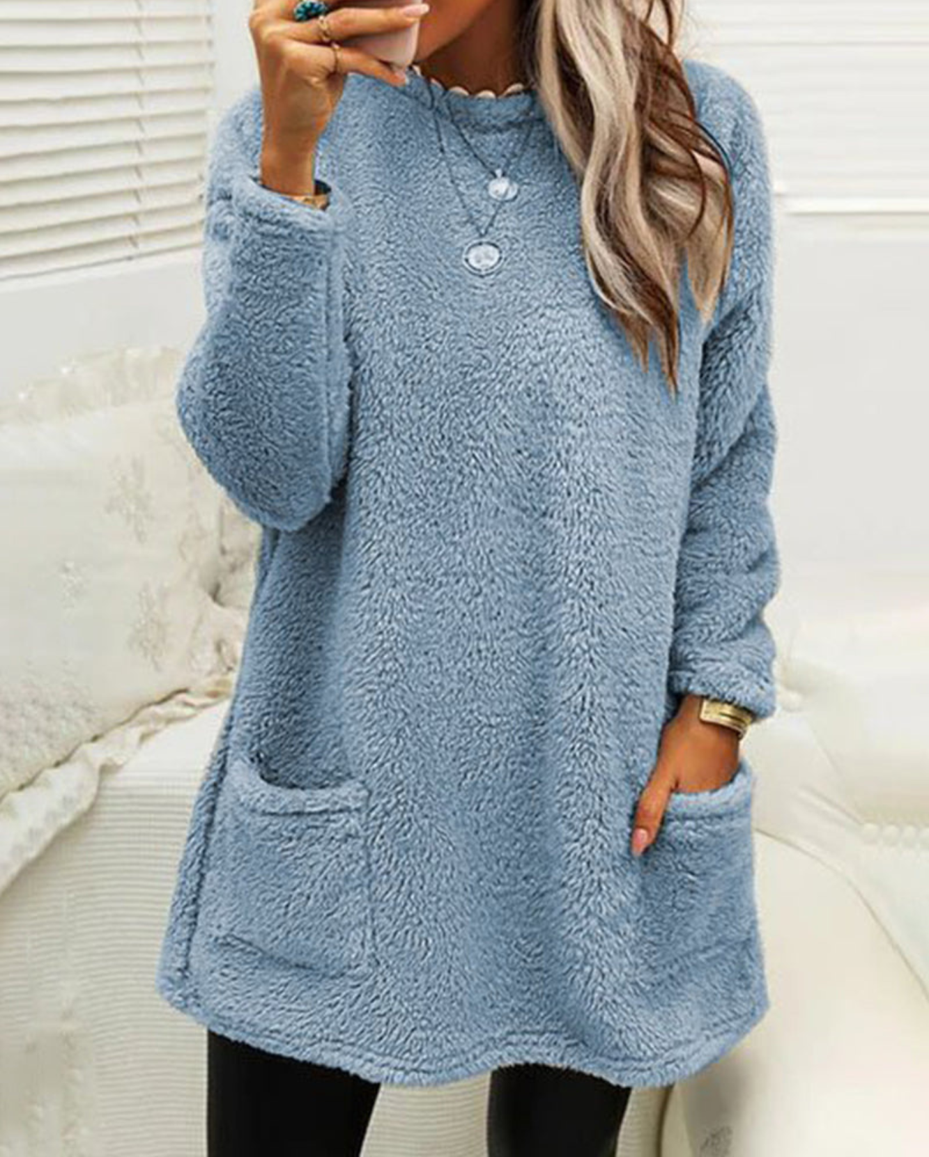 Pull Femme Molleton Long Manches Gris Chaud