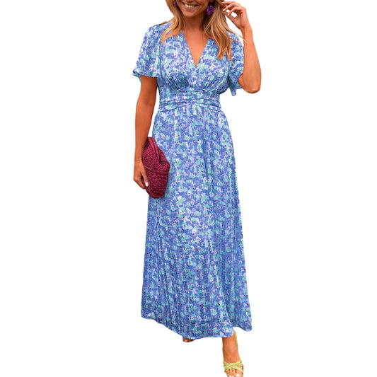 Robe Été Florale Manches Courtes Décolleté Plongeant - PanierRoyale
