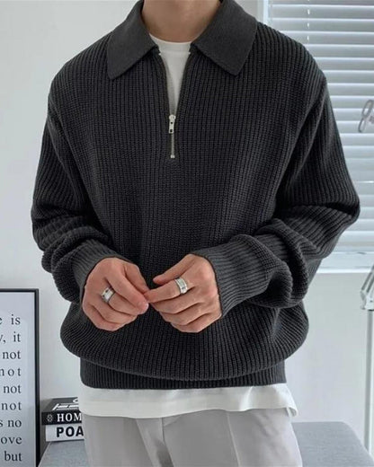 Pull Homme Col Polo en Maille Côtelée Chaud et Confortable